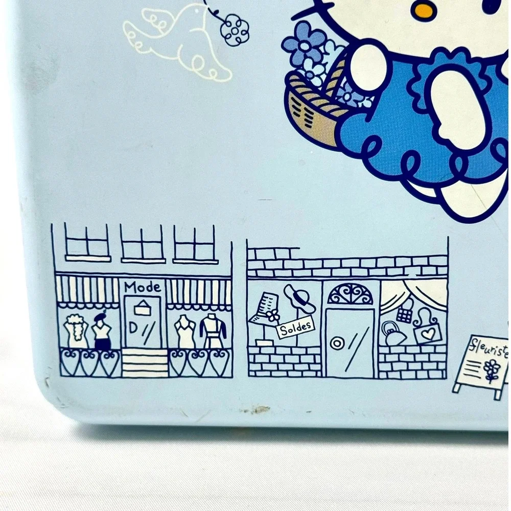 VTG 2002 Sanrio Hello Kitty Metal Lunch Box Tin French Cafe Blue Y2K Stationery